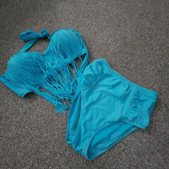 $ Fringe Turquoise Bikini Set | Size L | Boho Festival Swim Look - Picture 1 of 2
